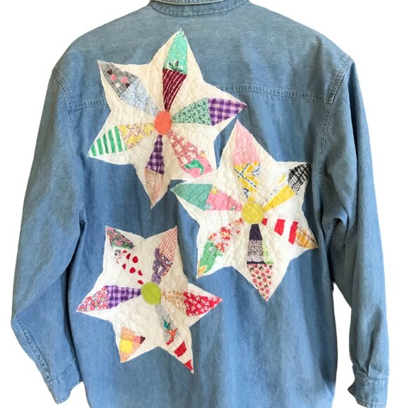 Upcycled Jean Shirt Jacket, Size L: Vintage Quilt Patchwork, Boho Wearable Art - Picture 8 of 9